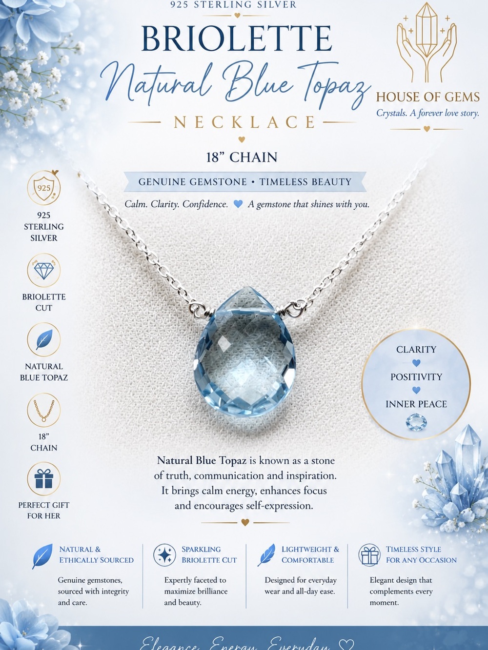 Natural Blue Topaz Briolette Necklace in Silver - Blue